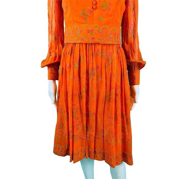 Vintage 1960s Cocktail Dress Orange Sheer Sleeves Hand Painted Floral Dolly - Picture 6 of 10